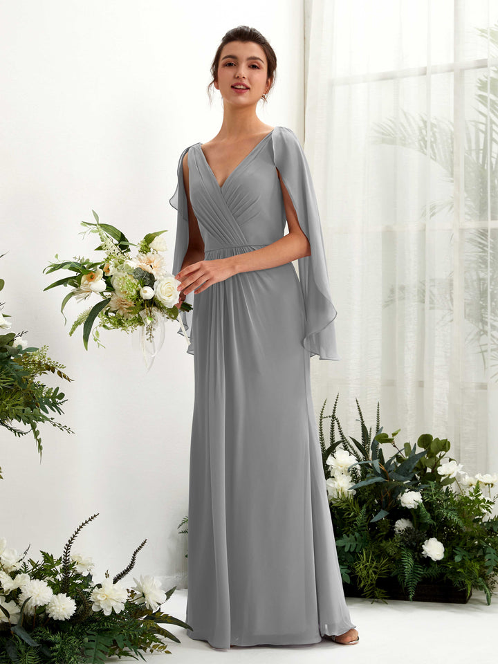 Carlyna Alain A-Line Steel Gray Bridesmaid Dress Maxi Cap Sleeve V-Neck Dress 