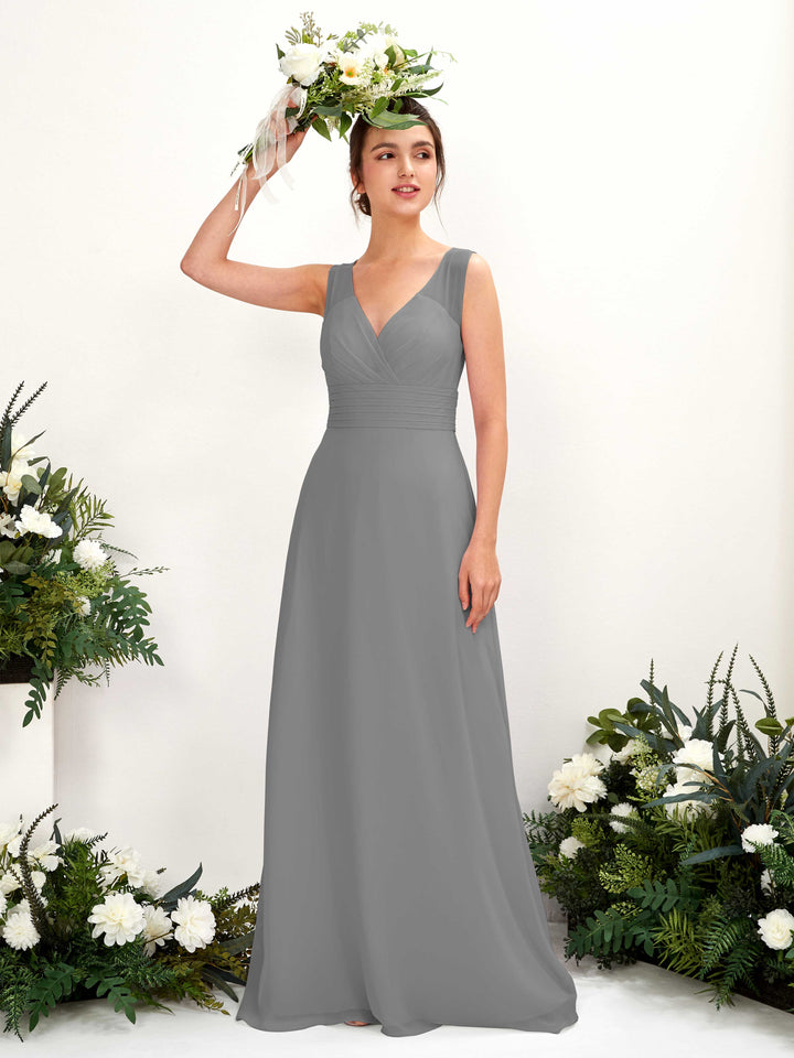 Carlyna Karen A-Line Steel Gray Bridesmaid Dress Maxi Sleeveless V-Neck Dress 