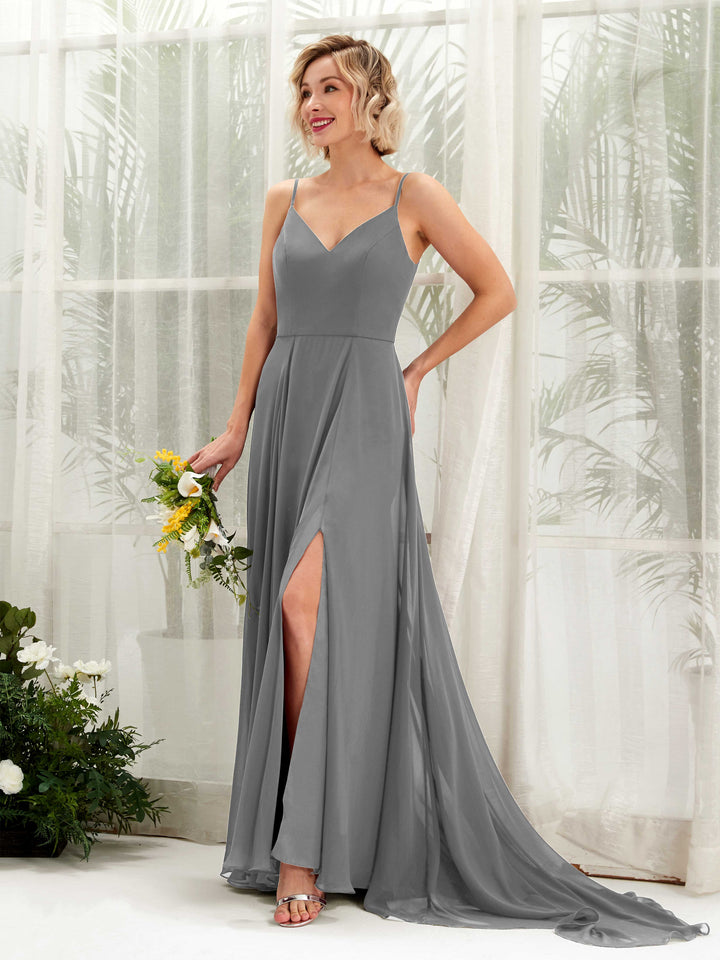 Carlyna Mana A-Line Steel Gray Bridesmaid Dress Maxi Sleeveless V-Neck Dress 