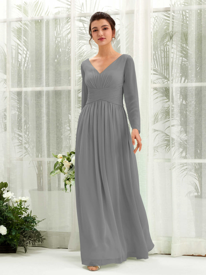 Carlyna Coline A-Line Steel Gray Bridesmaid Dress Maxi Long Sleeve V-Neck  