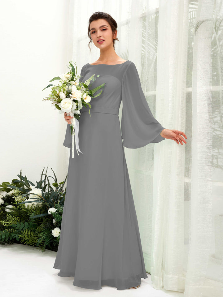 Bateau Illusion Long Sleeves Chiffon Bridesmaid Dress - Steel Gray (81220520)