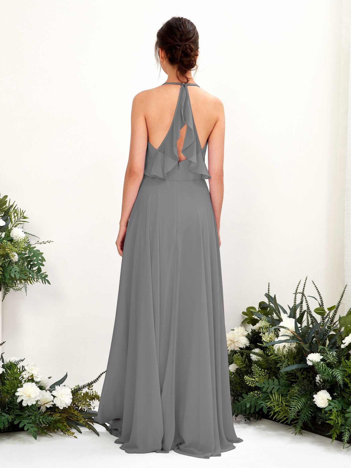 Halter V-neck Sleeveless Chiffon Bridesmaid Dress - Steel Gray (81221020)#color_steel-gray