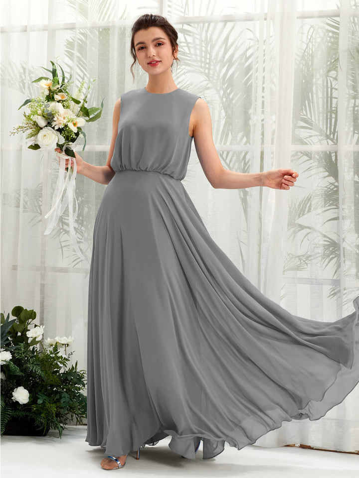 Round Sleeveless Chiffon Bridesmaid Dress - Steel Gray (81222820)