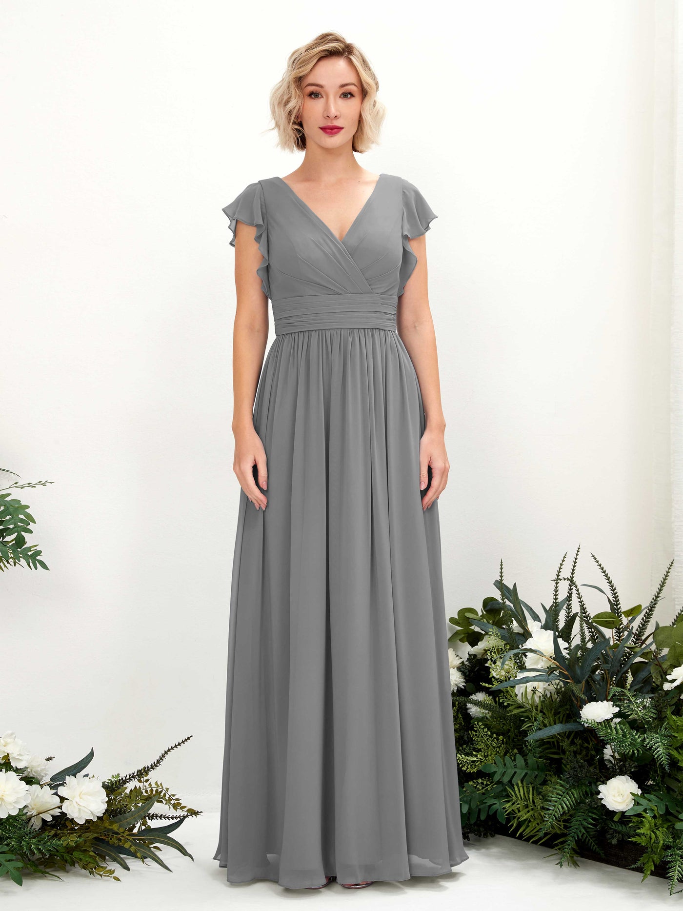 Carlyna Grino A-Line Steel Gray Bridesmaid Dress Maxi Cap Sleeve V-Neck Dress #color_steel-gray