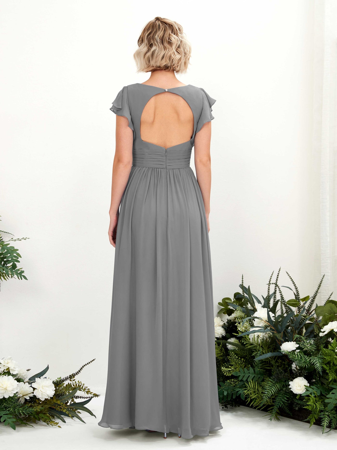 Carlyna Grino A-Line Steel Gray Bridesmaid Dress Maxi Cap Sleeve V-Neck Dress #color_steel-gray