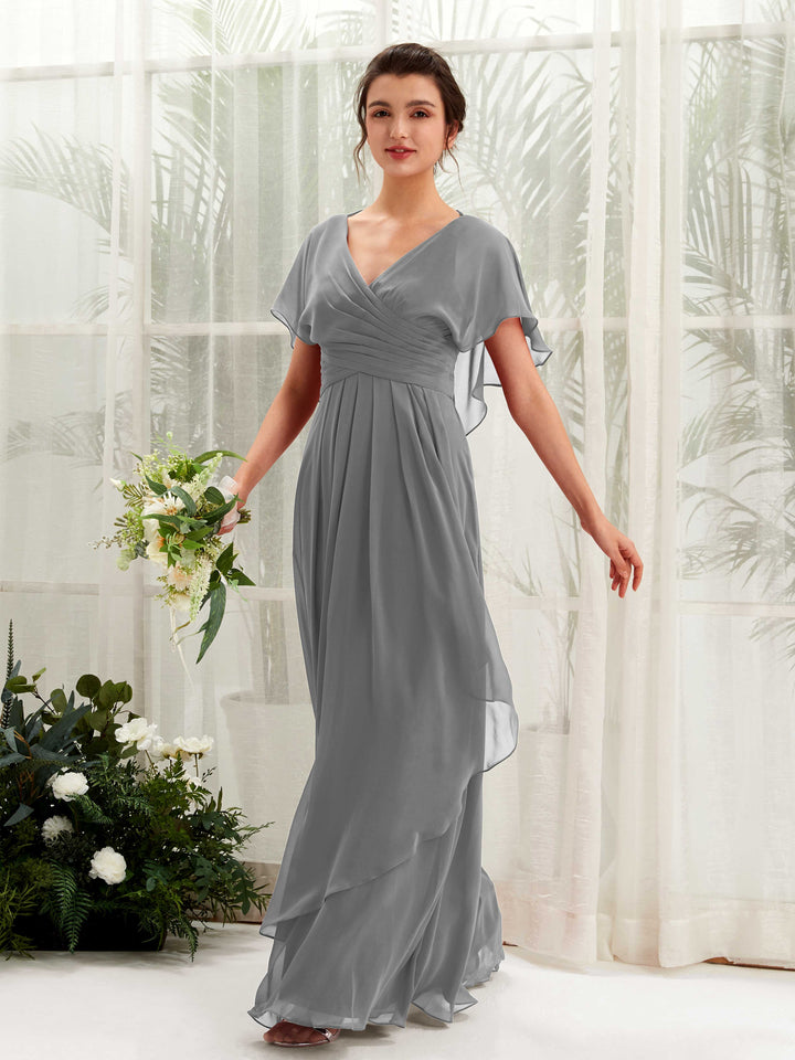 Carlyna Darlene A-Line Steel Gray Bridesmaid Dress Maxi Short Sleeve V-Neck Dress 