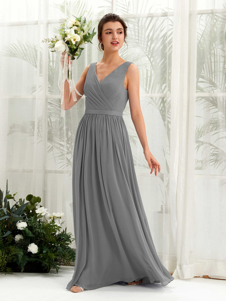 Carlyna Barbara A-Line Steel Gray Bridesmaid Dress Maxi Sleeveless V-Neck Dress 