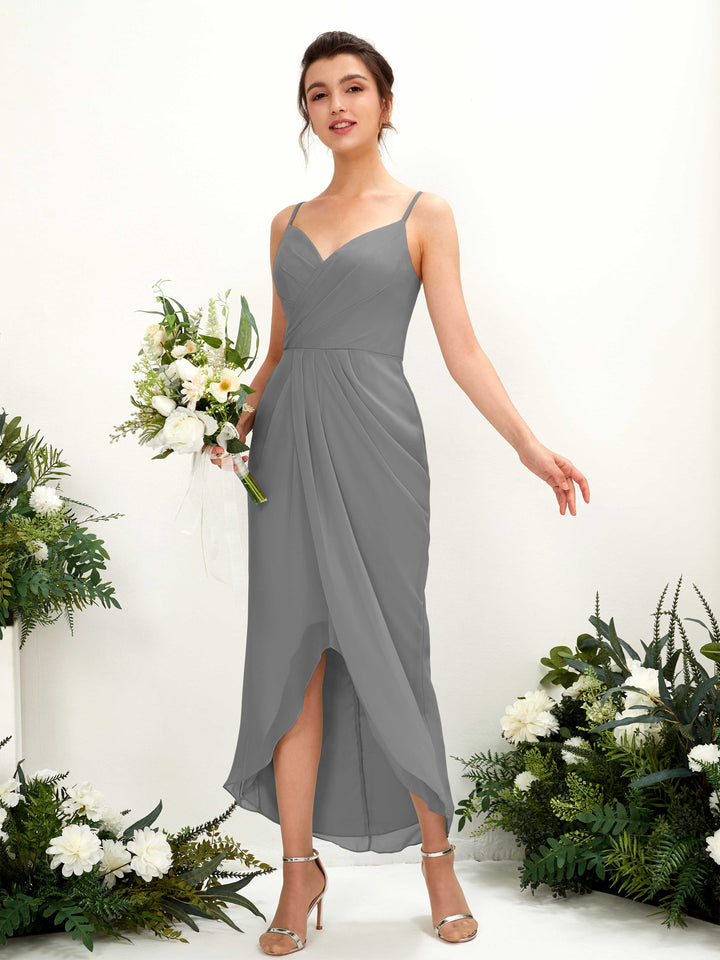 Spaghetti-straps V-neck Sleeveless Chiffon Bridesmaid Dress - Steel Gray (81221320)