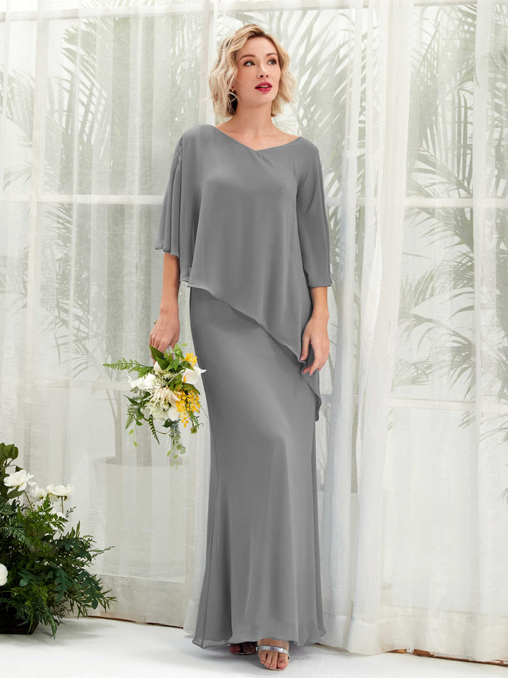 Carlyna Violaine A-Line Steel Gray Bridesmaid Dress Maxi Three Quarter Sleeve V-Neck Dress 