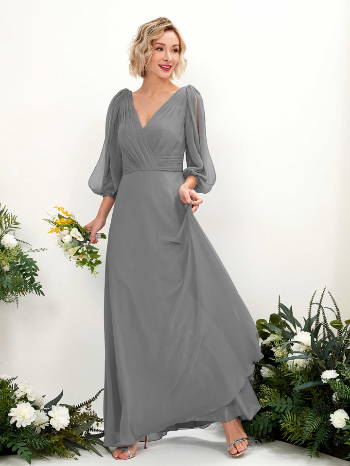 V-neck 3/4 Sleeves Chiffon Bridesmaid Dress - Steel Gray (81223520)