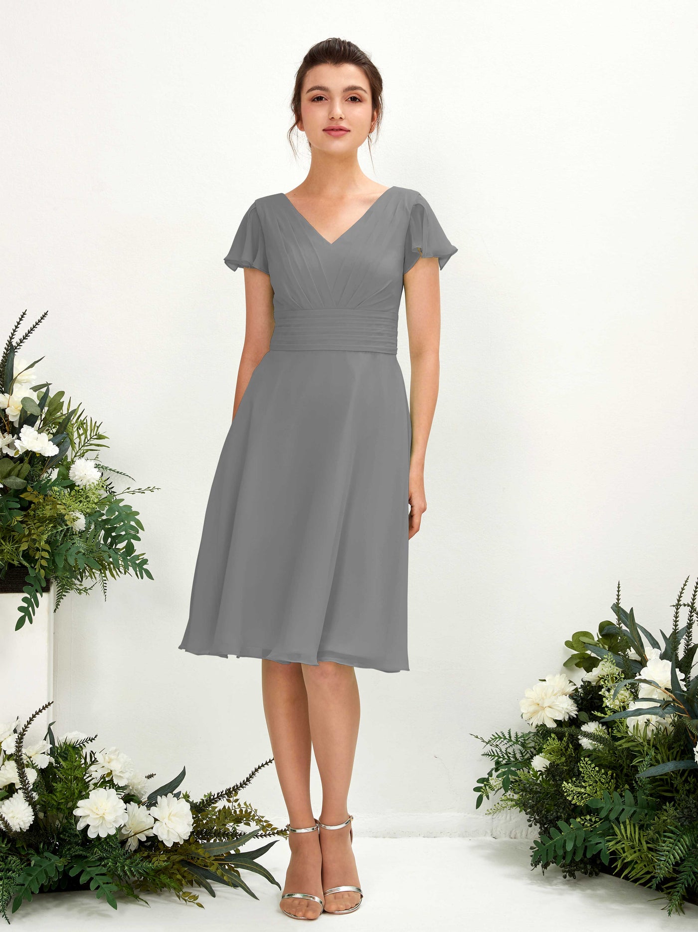 V-neck Short Sleeves Chiffon Bridesmaid Dress - Steel Gray (81220220)#color_steel-gray