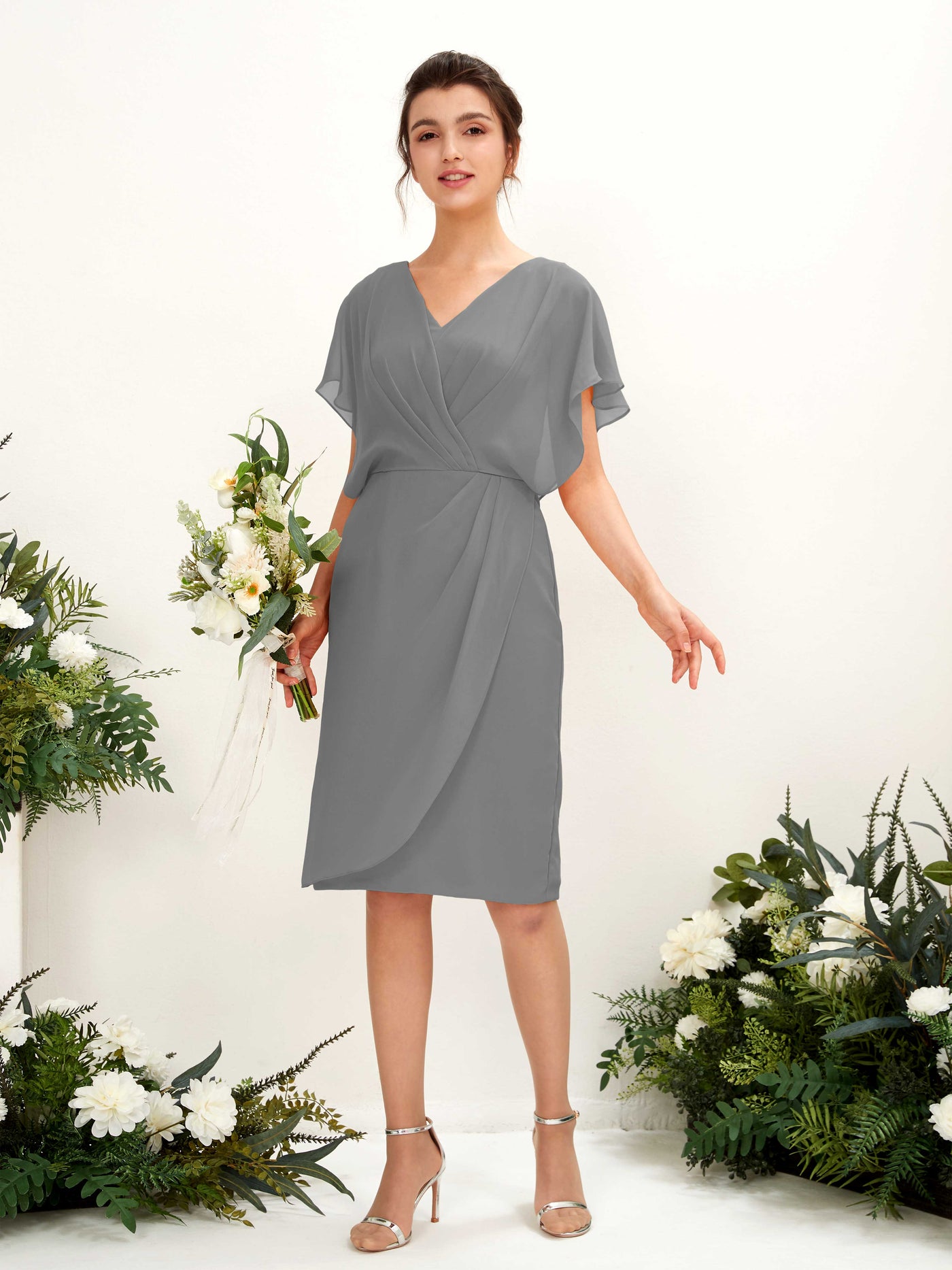 V-neck Short Sleeves Chiffon Bridesmaid Dress - Steel Gray (81222220)#color_steel-gray