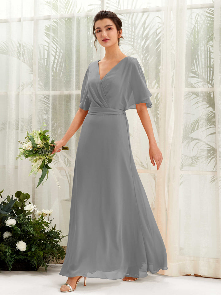 V-neck Short Sleeves Chiffon Bridesmaid Dress - Steel Gray (81222420)