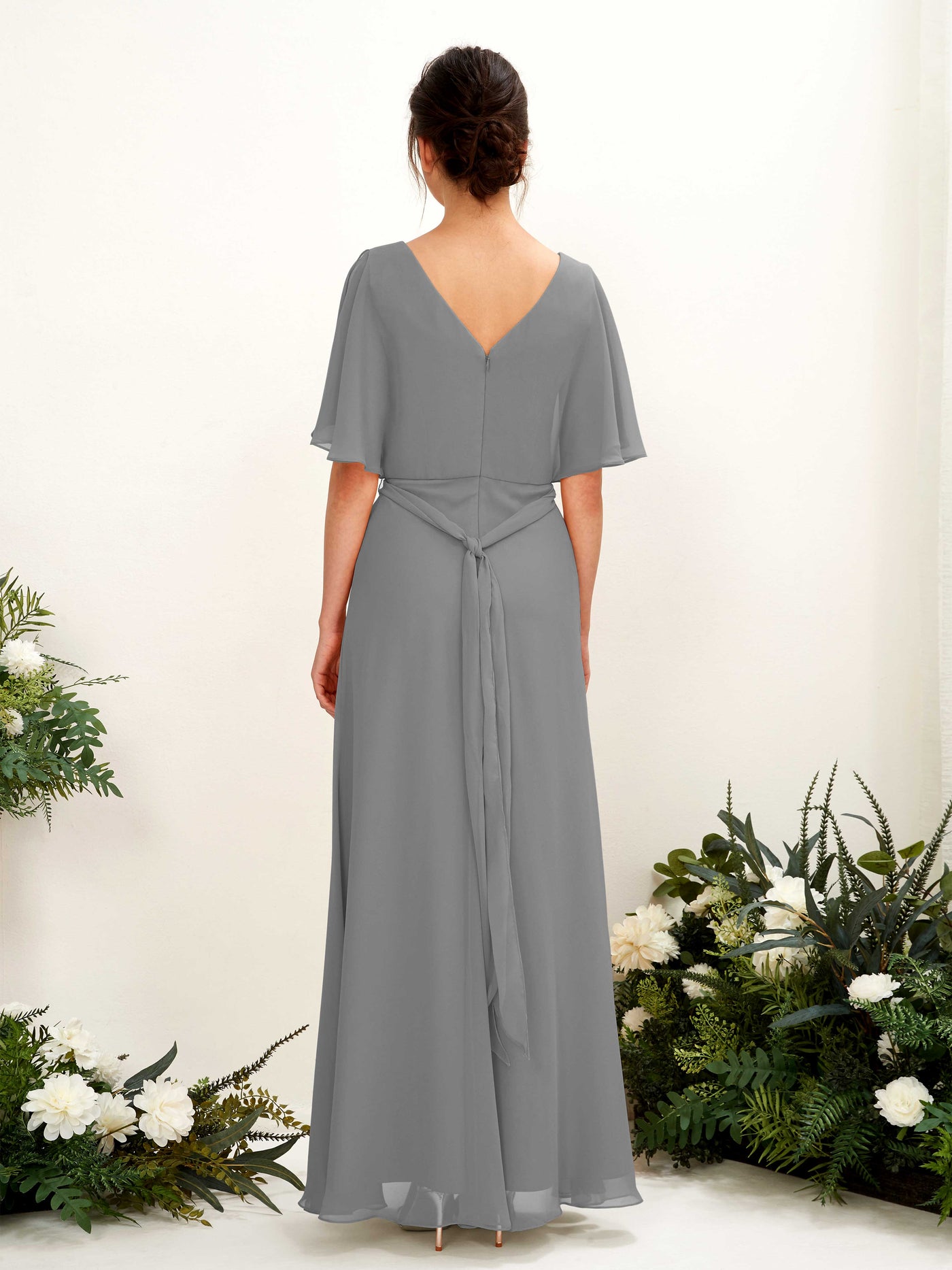 Carlyna Merta A-Line Steel Gray Bridesmaid Dress Maxi Short Sleeve V-Neck Dress #color_steel-gray