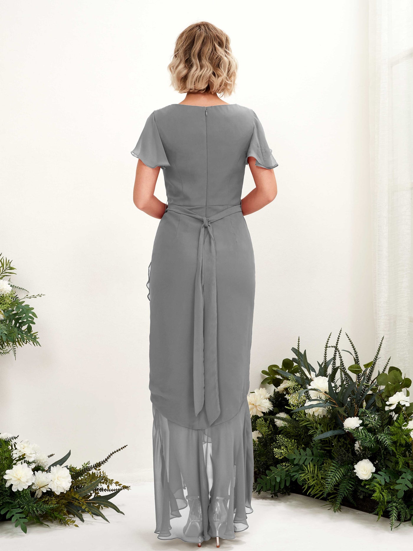 Carlyna Eartha Mermaid Steel Gray Bridesmaid Dress Maxi Cap Sleeve V-Neck Dress #color_steel-gray