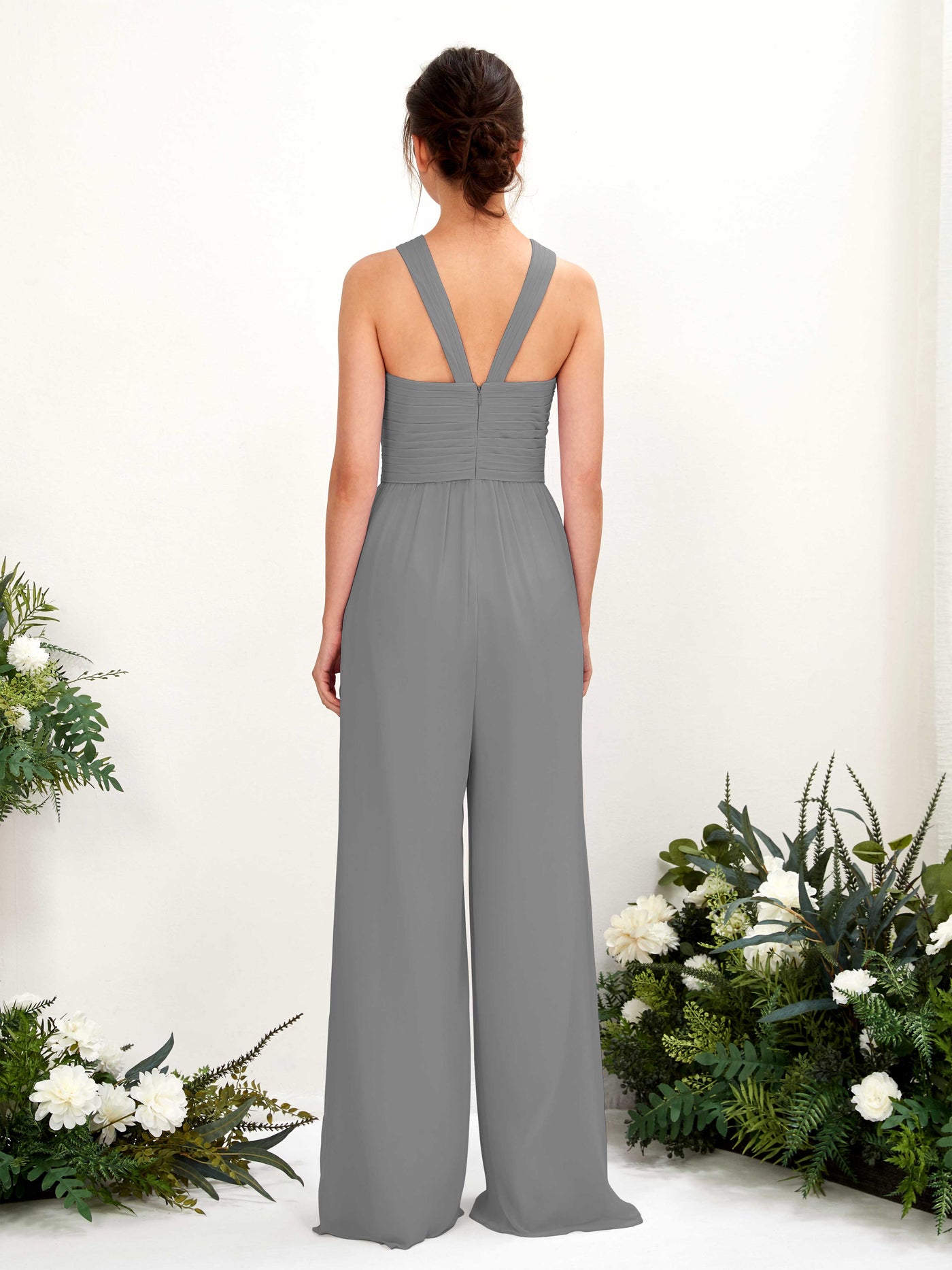 Carlyna Hilona Jumpsuit Steel Gray Bridesmaid Dress Maxi Sleeveless V-Neck Dress #color_steel-gray