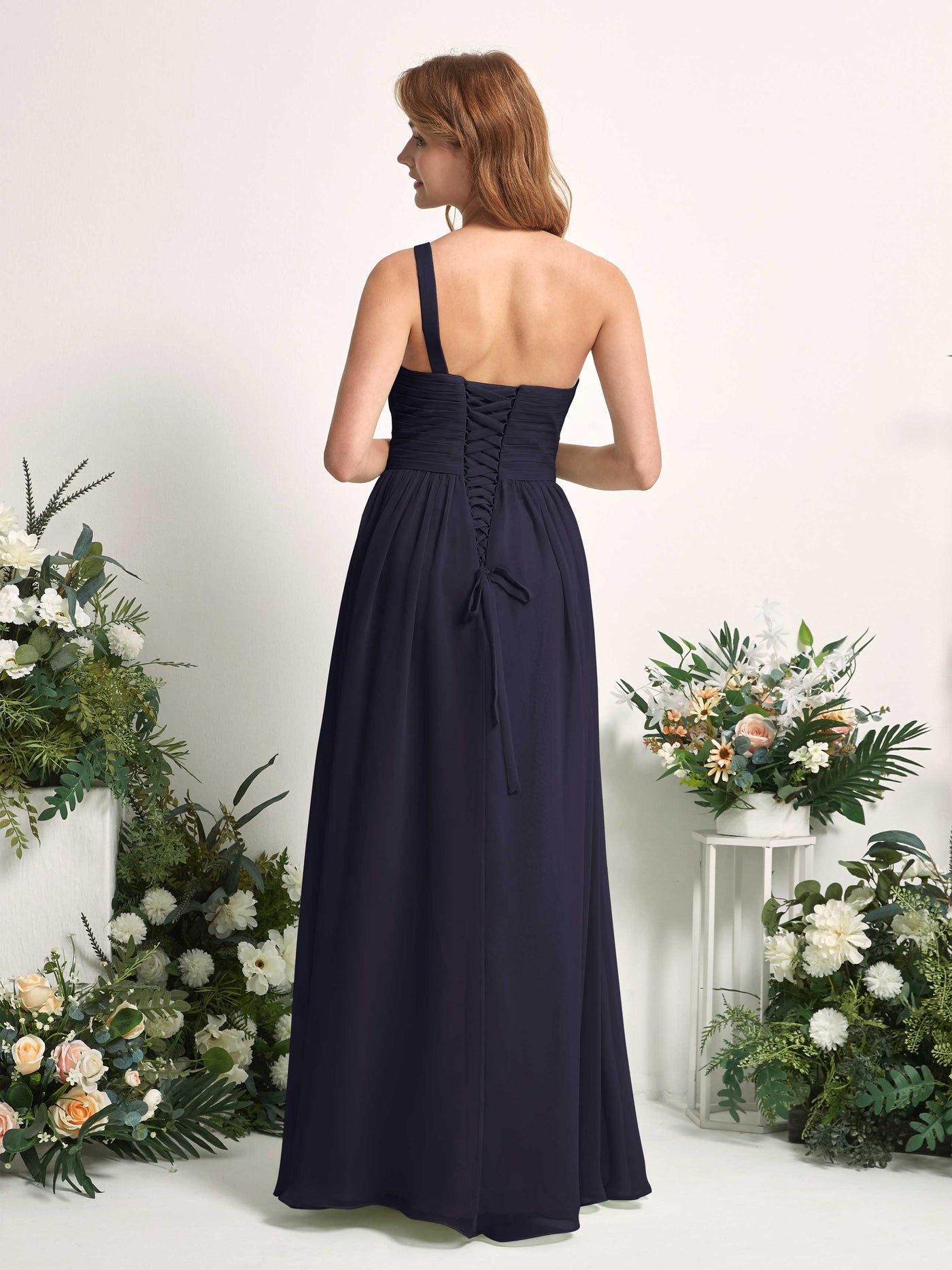 Bridesmaid Dress A-line Chiffon One Shoulder Full Length Sleeveless Wedding Party Dress - Dark Navy (81226718)#color_dark-navy