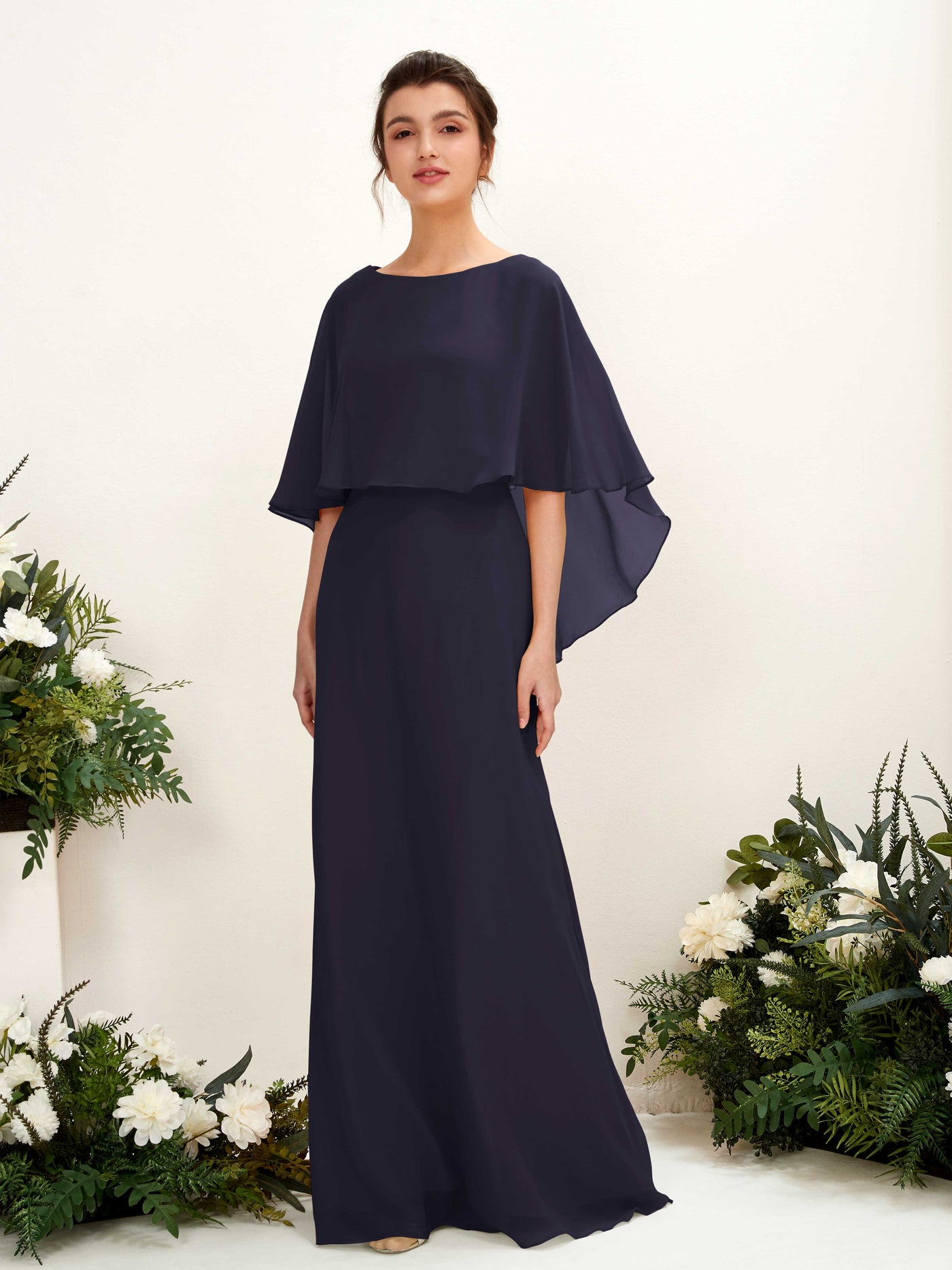 Carlyna Savin Sheath Dark Navy Bridesmaid Dress Maxi Cap Sleeve Boat Neck Dress #color_dark-navy