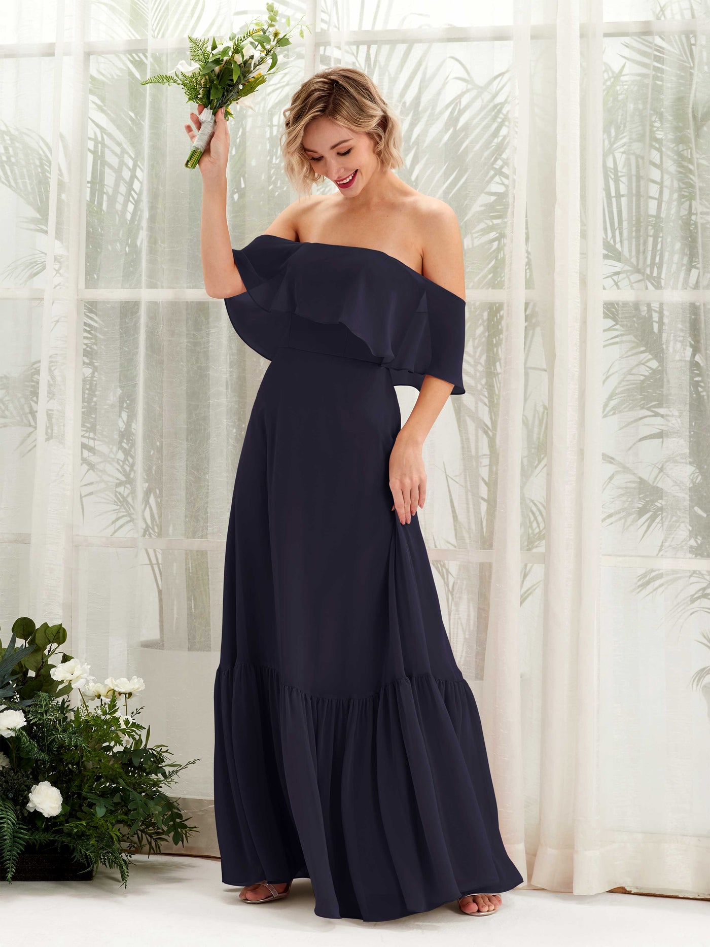 Carlyna Joie A-Line Dark Navy Bridesmaid Dress Maxi Sleeveless Off the Shoulder Dress #color_dark-navy