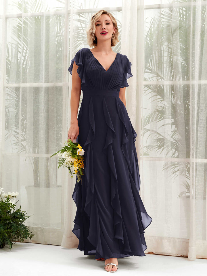 Carlyna Cynthia A-Line Dark Navy Bridesmaid Dress Maxi Cap Sleeve V-Neck Dress 