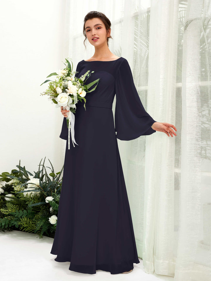 Carlyna Elie A-Line Dark Navy Bridesmaid Dress Maxi Long Sleeve Boat Neck  