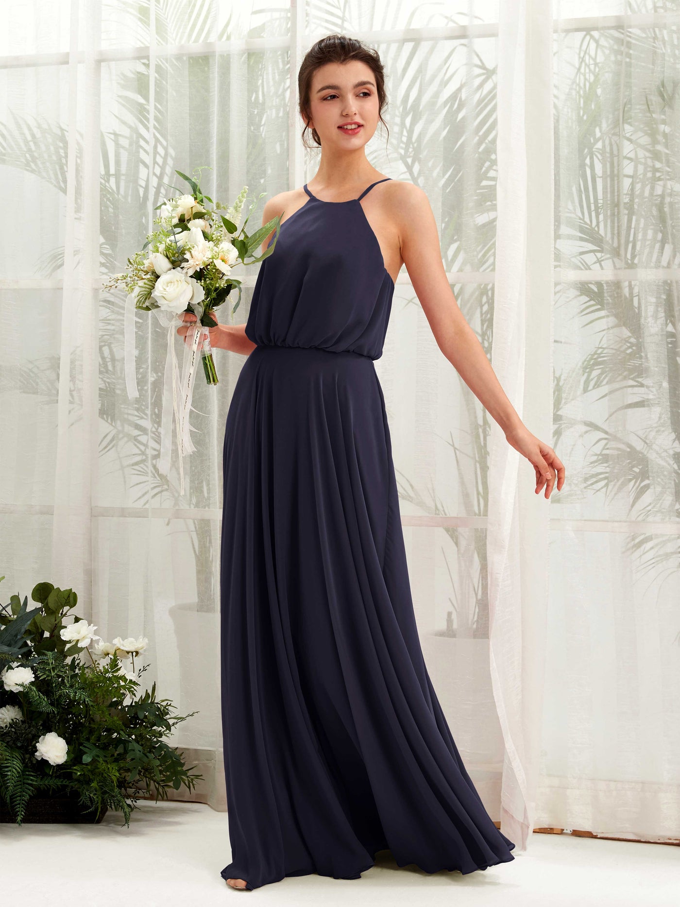 Bohemian Halter Spaghetti-straps Bridesmaid Dress  (81223418)#color_dark-navy