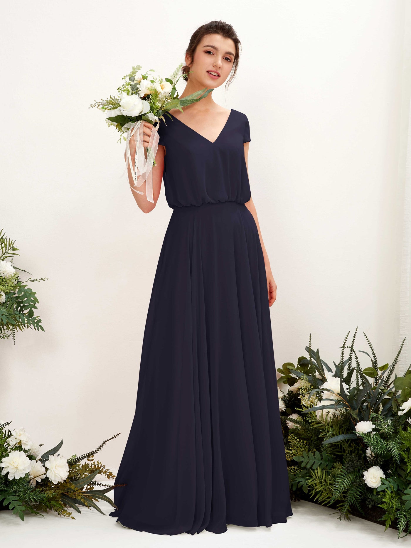 Carlyna Pauline A-Line Dark Navy Bridesmaid Dress Maxi Cap Sleeve V-Neck Dress #color_dark-navy