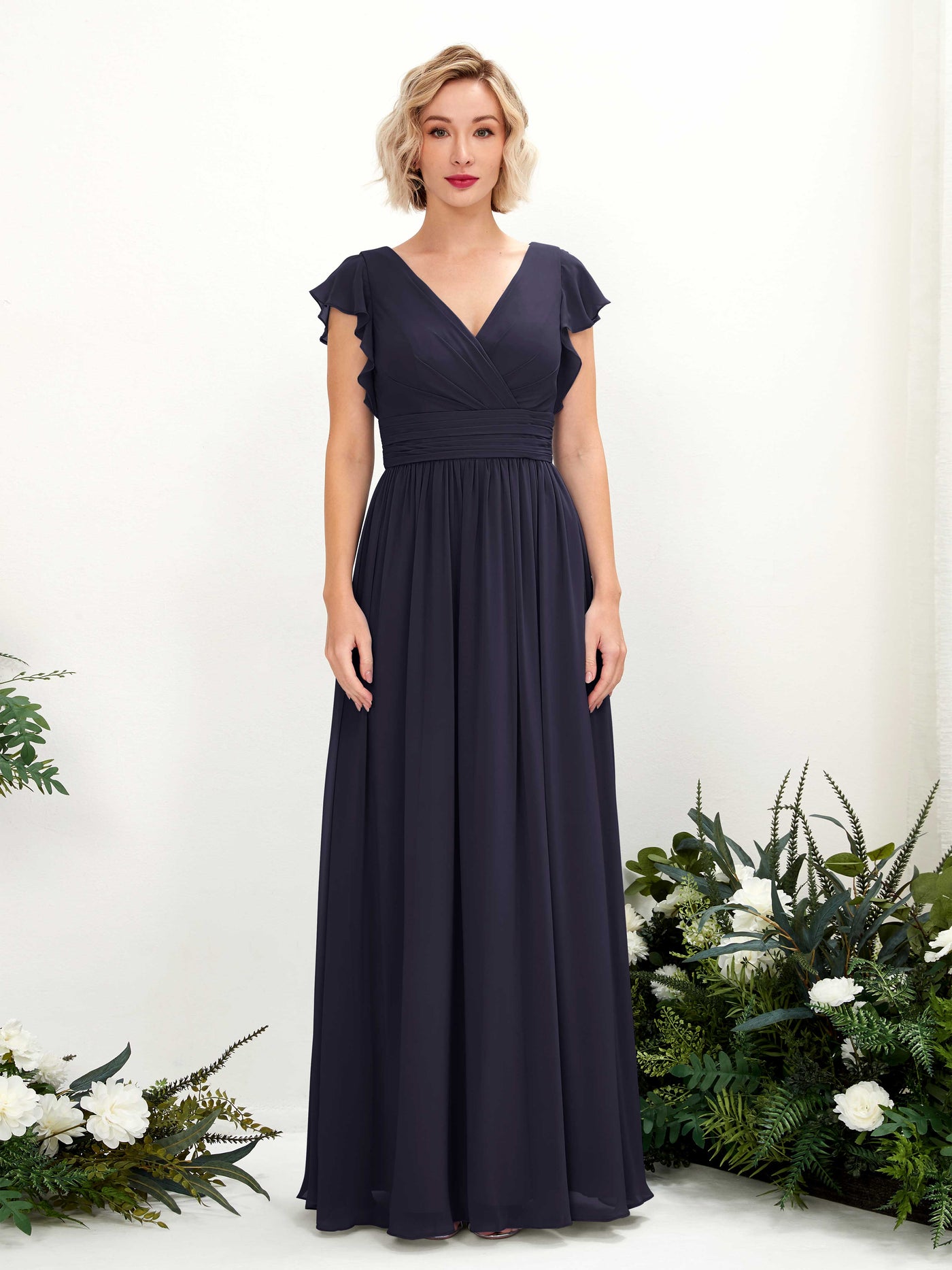 Carlyna Grino A-Line Dark Navy Bridesmaid Dress Maxi Cap Sleeve V-Neck Dress #color_dark-navy