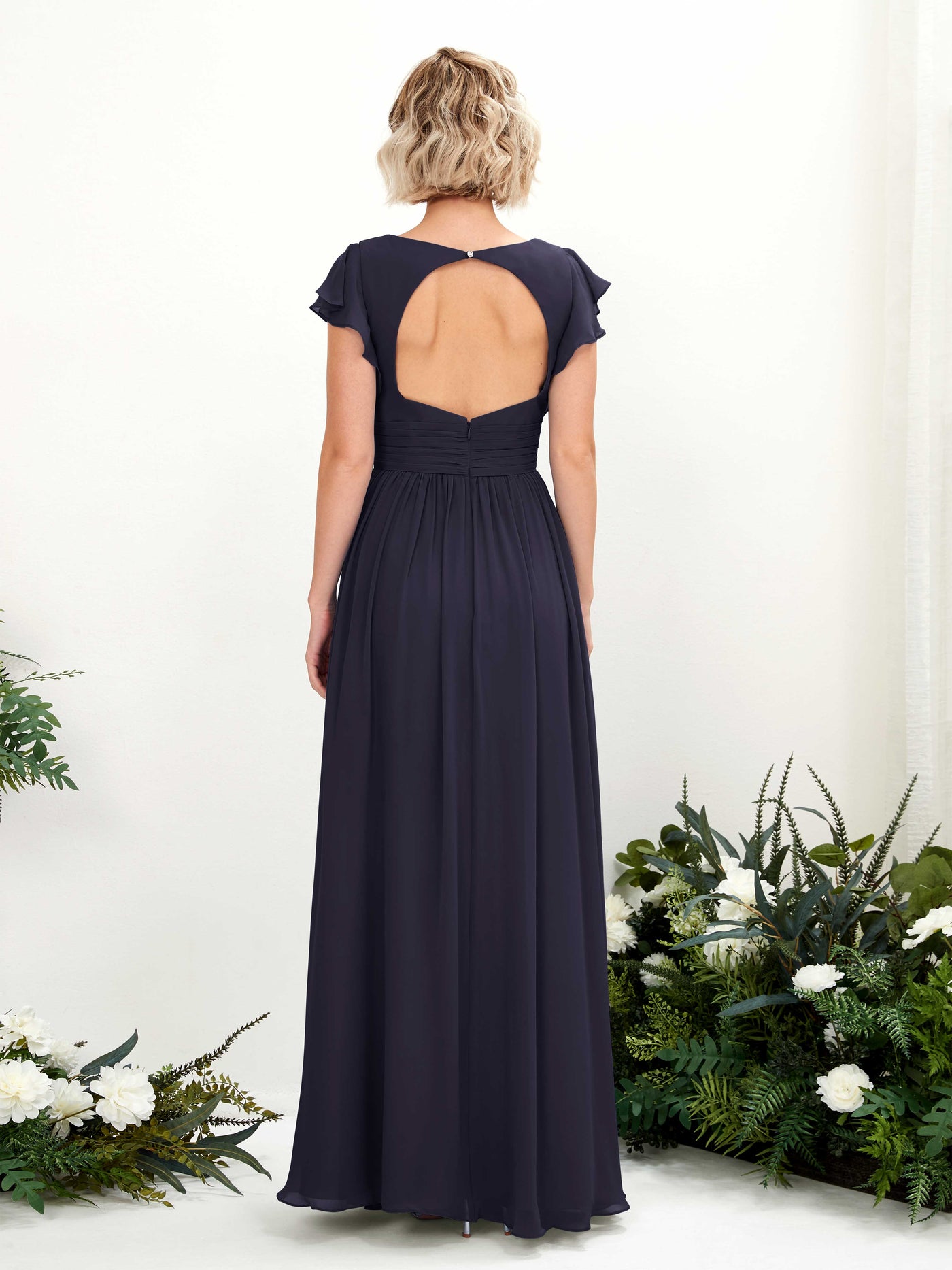 Carlyna Grino A-Line Dark Navy Bridesmaid Dress Maxi Cap Sleeve V-Neck Dress #color_dark-navy