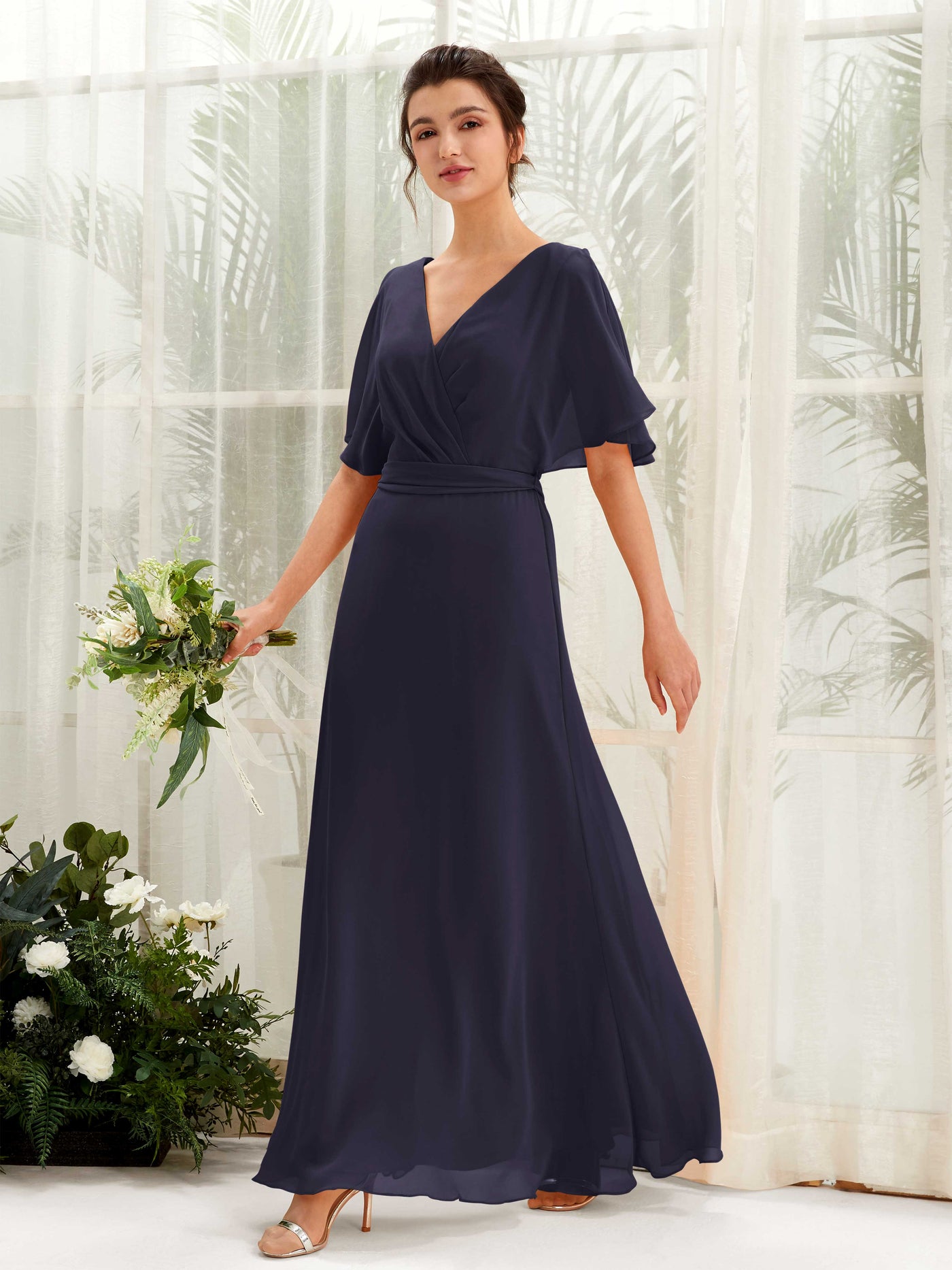 V-neck Short Sleeves Chiffon Bridesmaid Dress  (81222418)#color_dark-navy