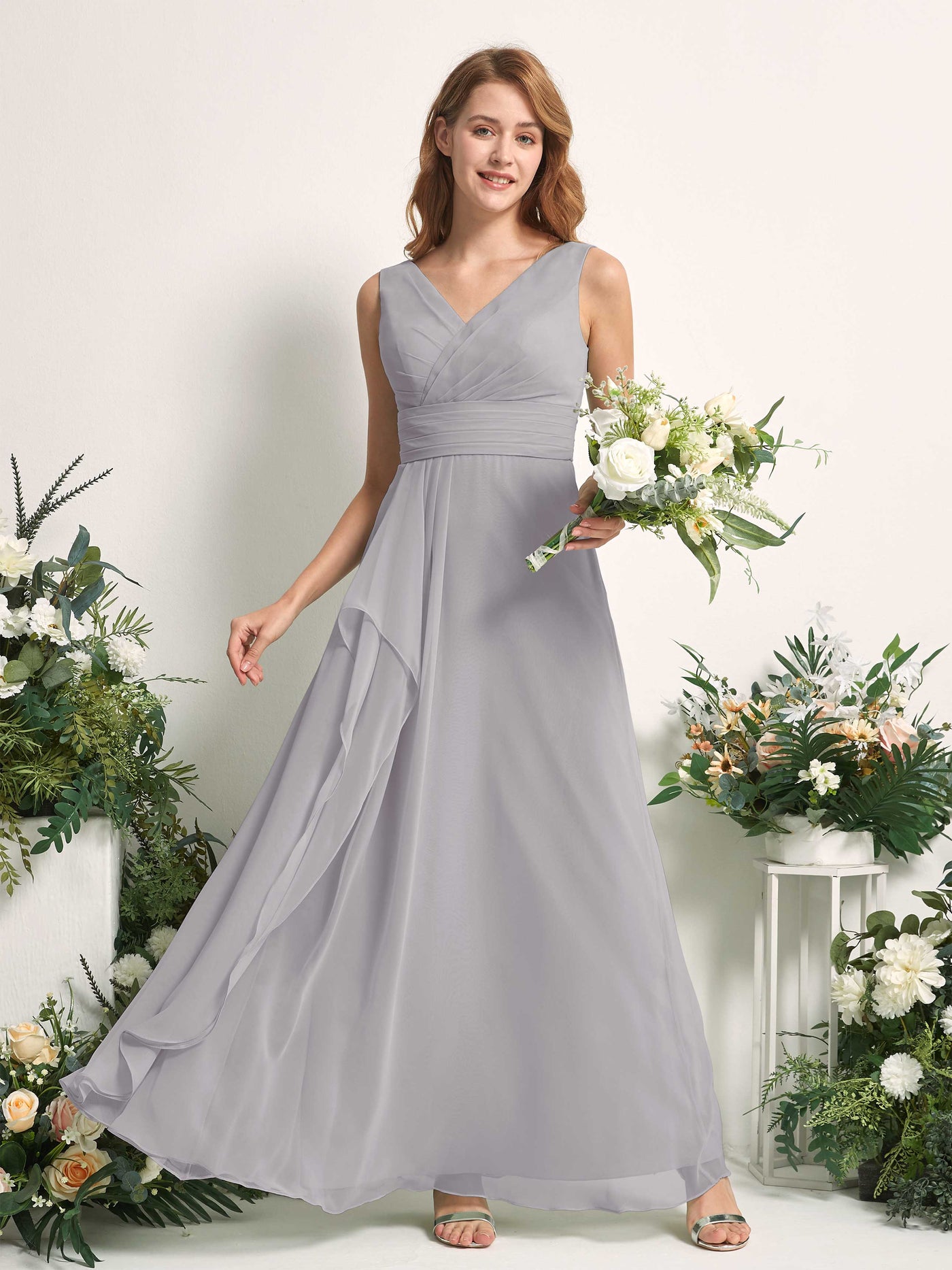 Bridesmaid Dress A-line Chiffon V-neck Full Length Sleeveless Wedding Party Dress - Dove (81227125)#color_dove