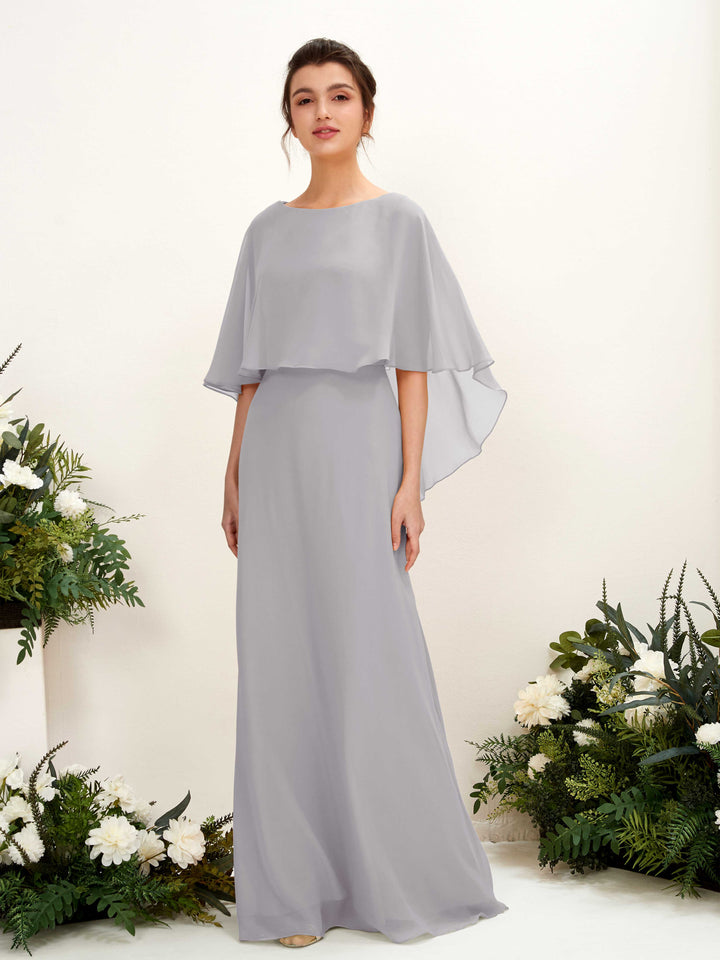 Carlyna Savin Sheath Dove Bridesmaid Dress Maxi Cap Sleeve Boat Neck Dress 