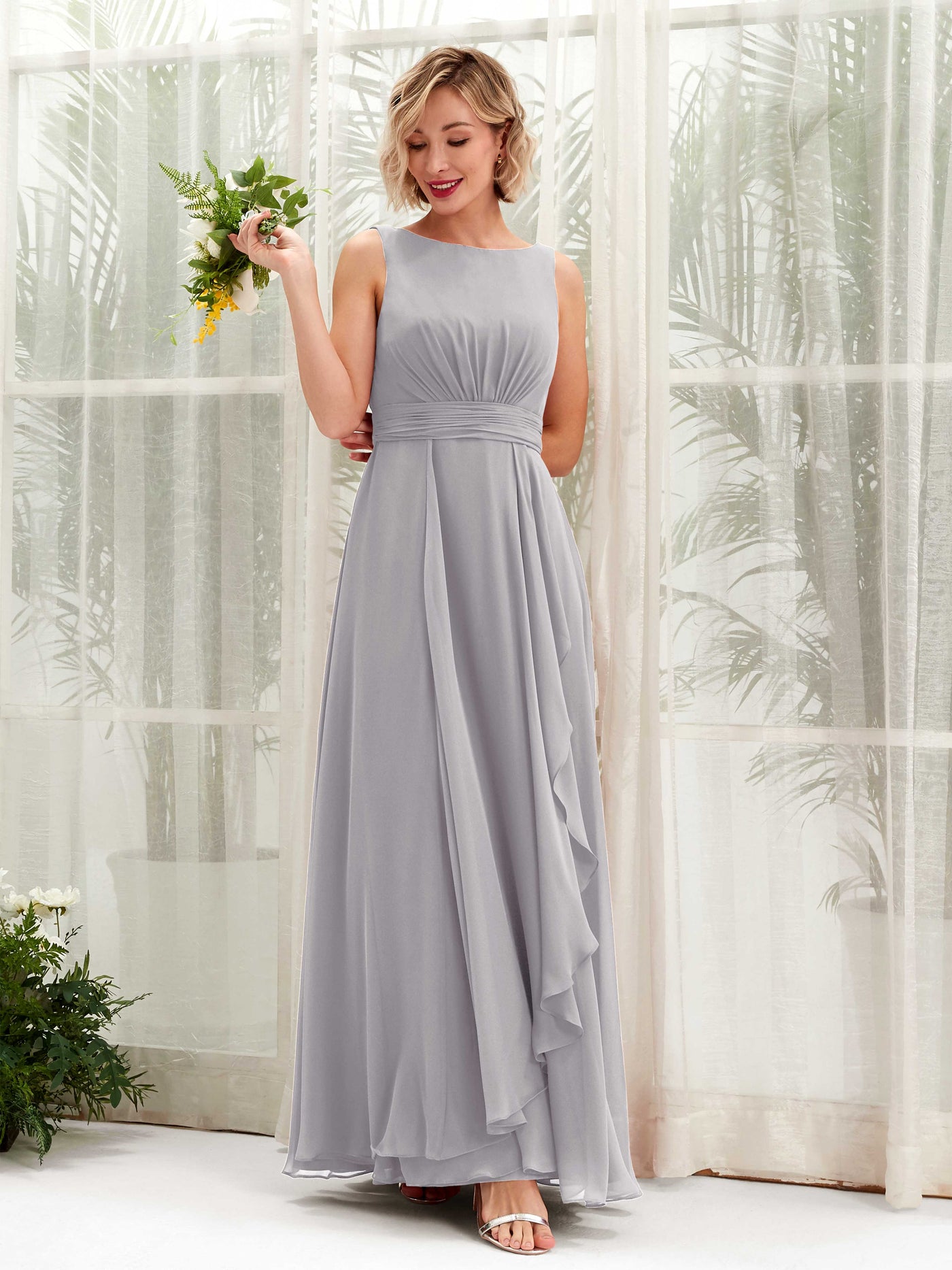 Carlyna Brianna A-Line Dove Bridesmaid Dress Maxi Sleeveless Boat Neck Dress #color_dove