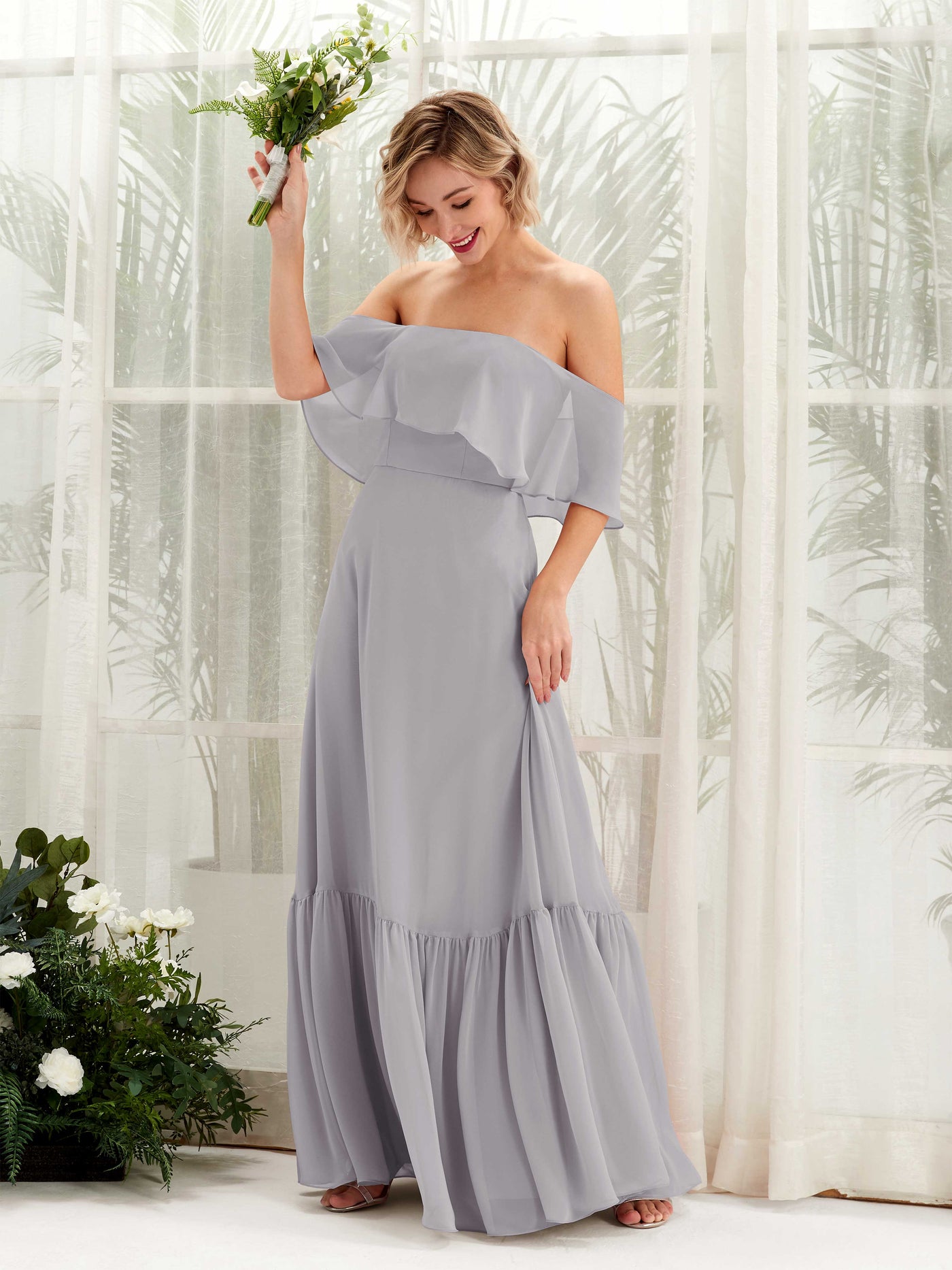 A-line Off Shoulder Chiffon Bridesmaid Dress - Dove (81224525)#color_dove