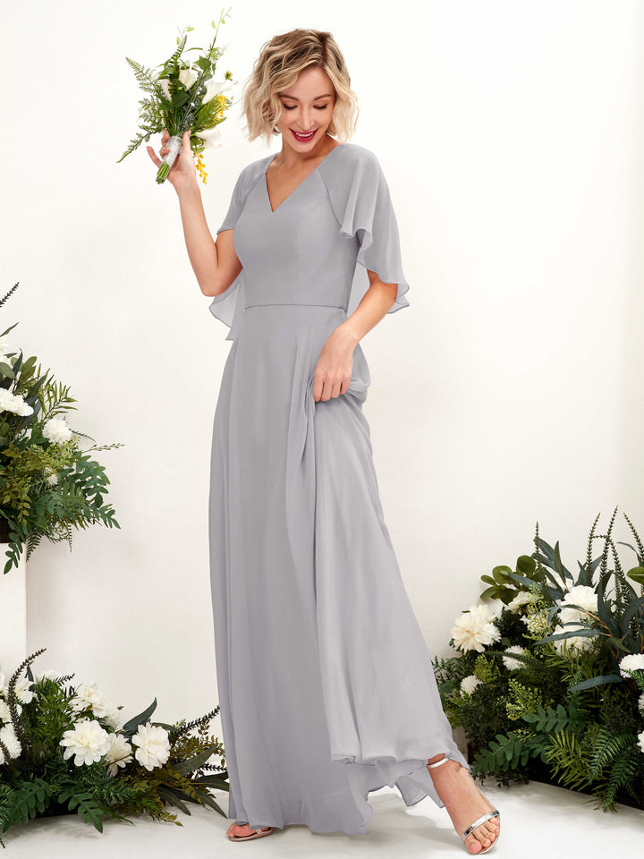 A-line V-neck Short Sleeves Chiffon Bridesmaid Dress - Dove (81224425)