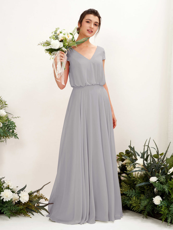 V-neck Cap Sleeves Chiffon Bridesmaid Dress - Dove (81221825)