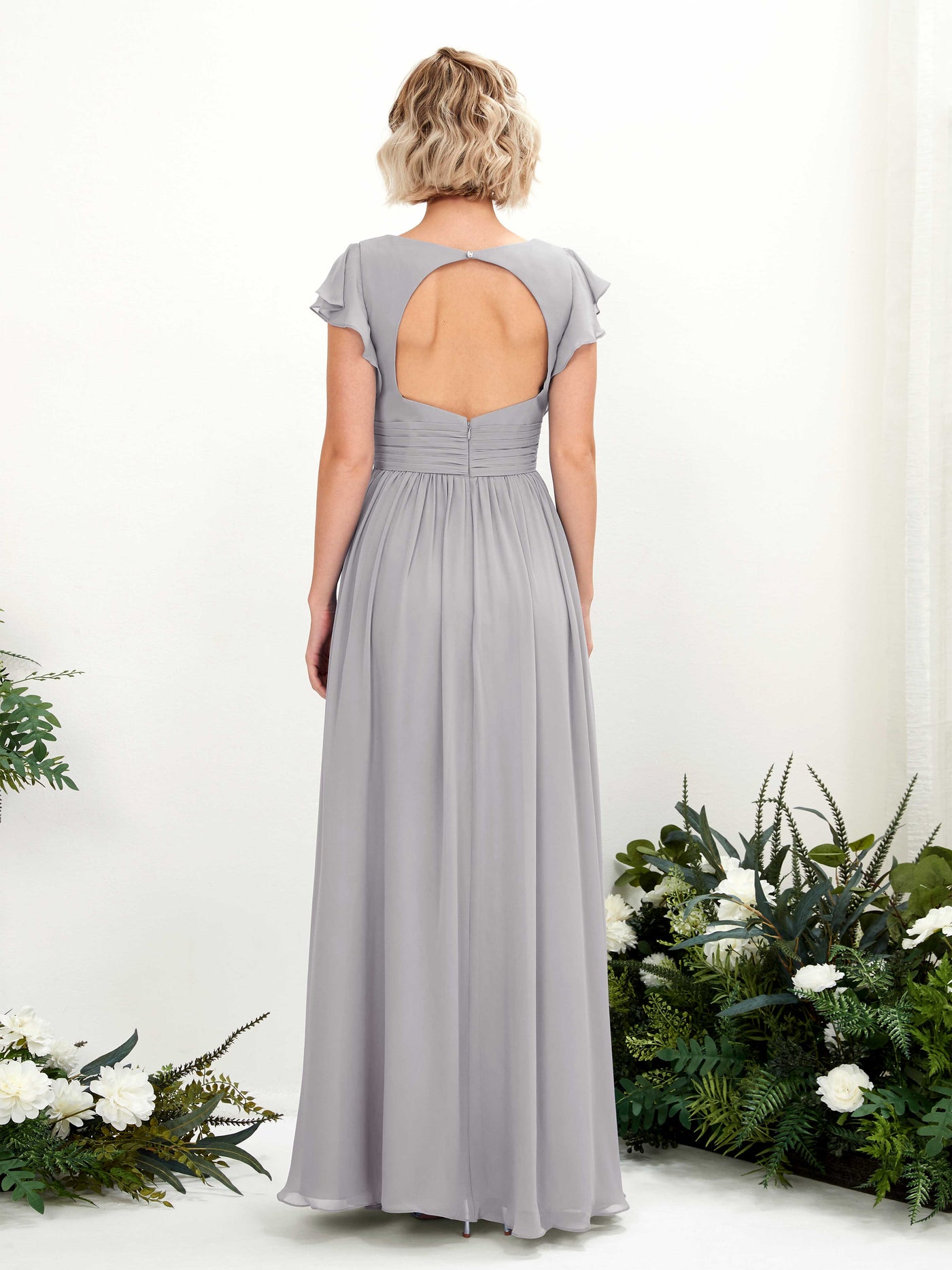 Carlyna Grino A-Line Dove Bridesmaid Dress Maxi Cap Sleeve V-Neck Dress #color_dove