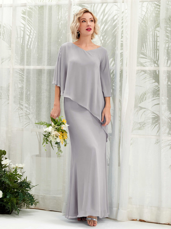 V-neck 3/4 Sleeves Chiffon Bridesmaid Dress - Dove (81222525)