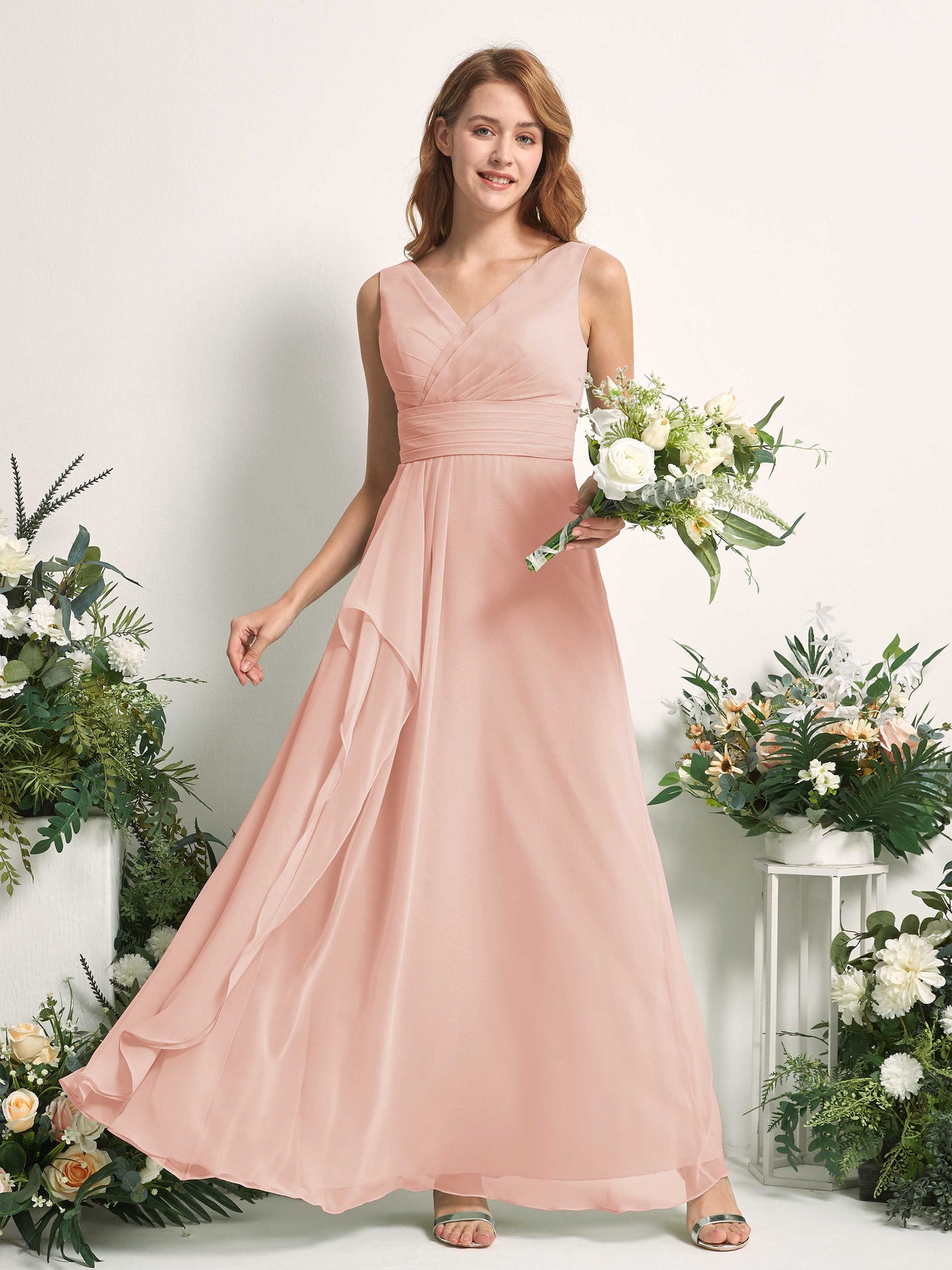 Carlyna Mollie A-Line Pearl Pink Bridesmaid Dress Maxi Sleeveless V-Neck Dress #color_pearl-pink