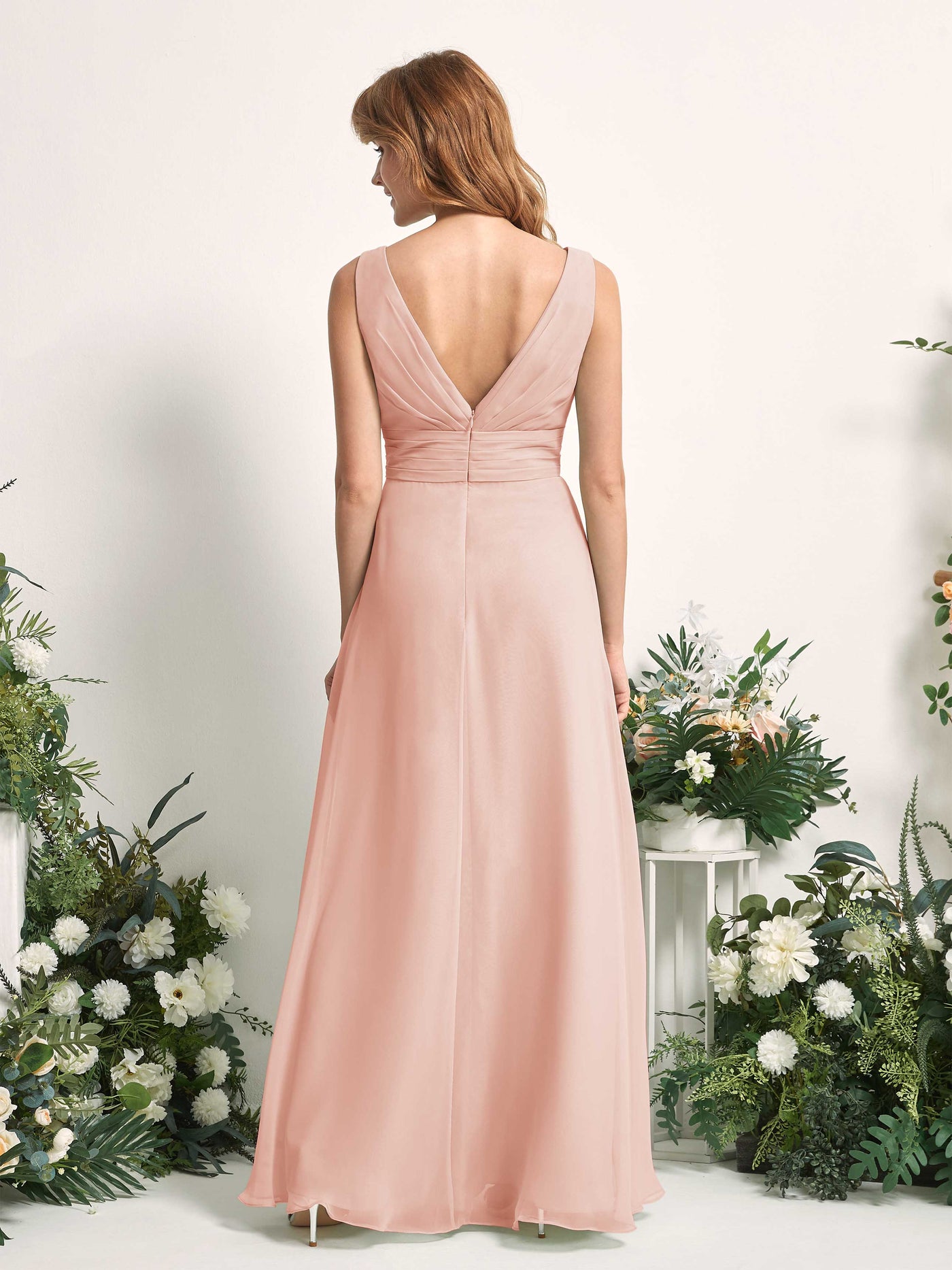 Carlyna Mollie A-Line Pearl Pink Bridesmaid Dress Maxi Sleeveless V-Neck Dress #color_pearl-pink