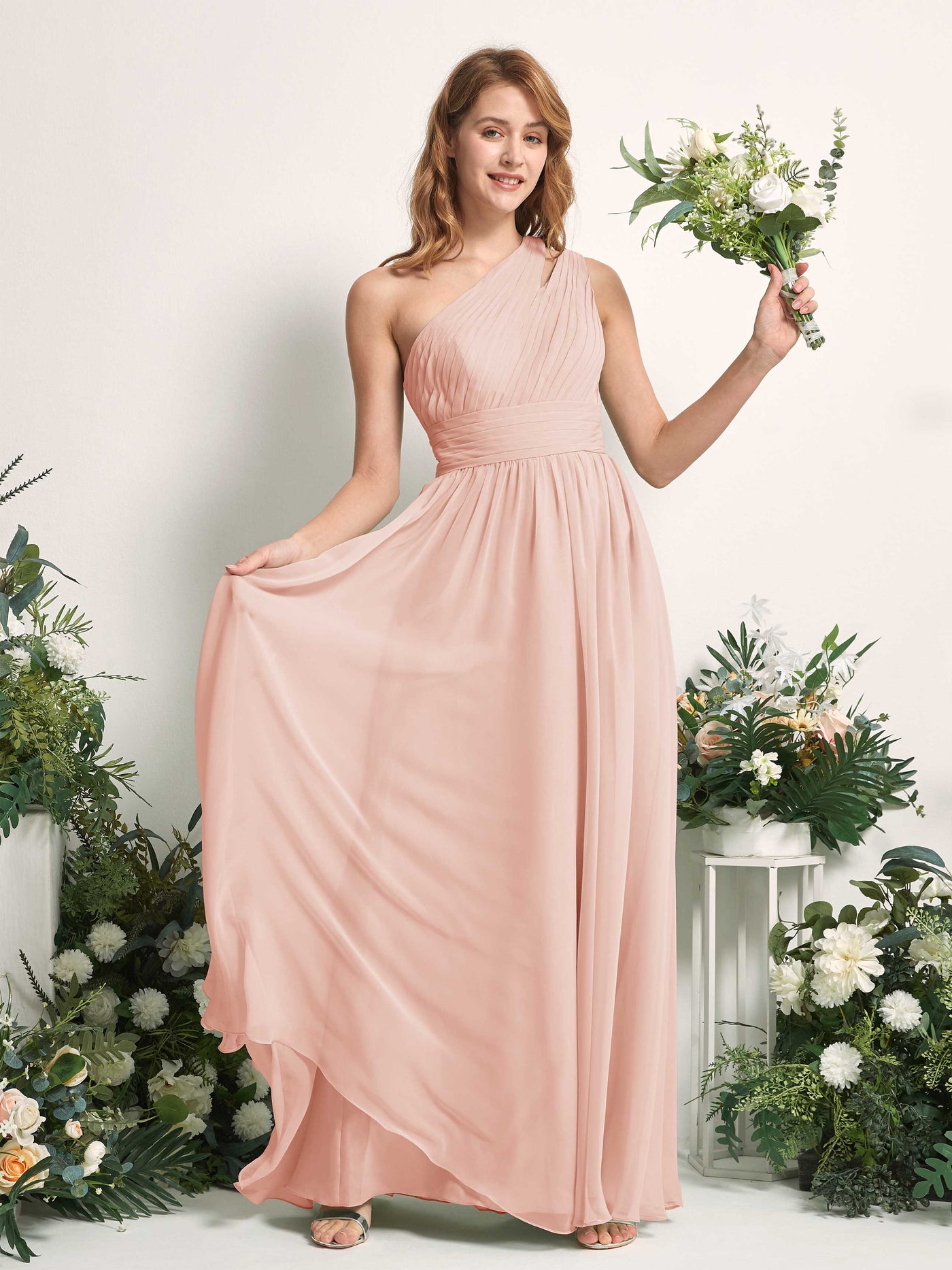 Carlyna Evelyn A-Line Pearl Pink Bridesmaid Dress Maxi Sleeveless One Shoulder Dress #color_pearl-pink