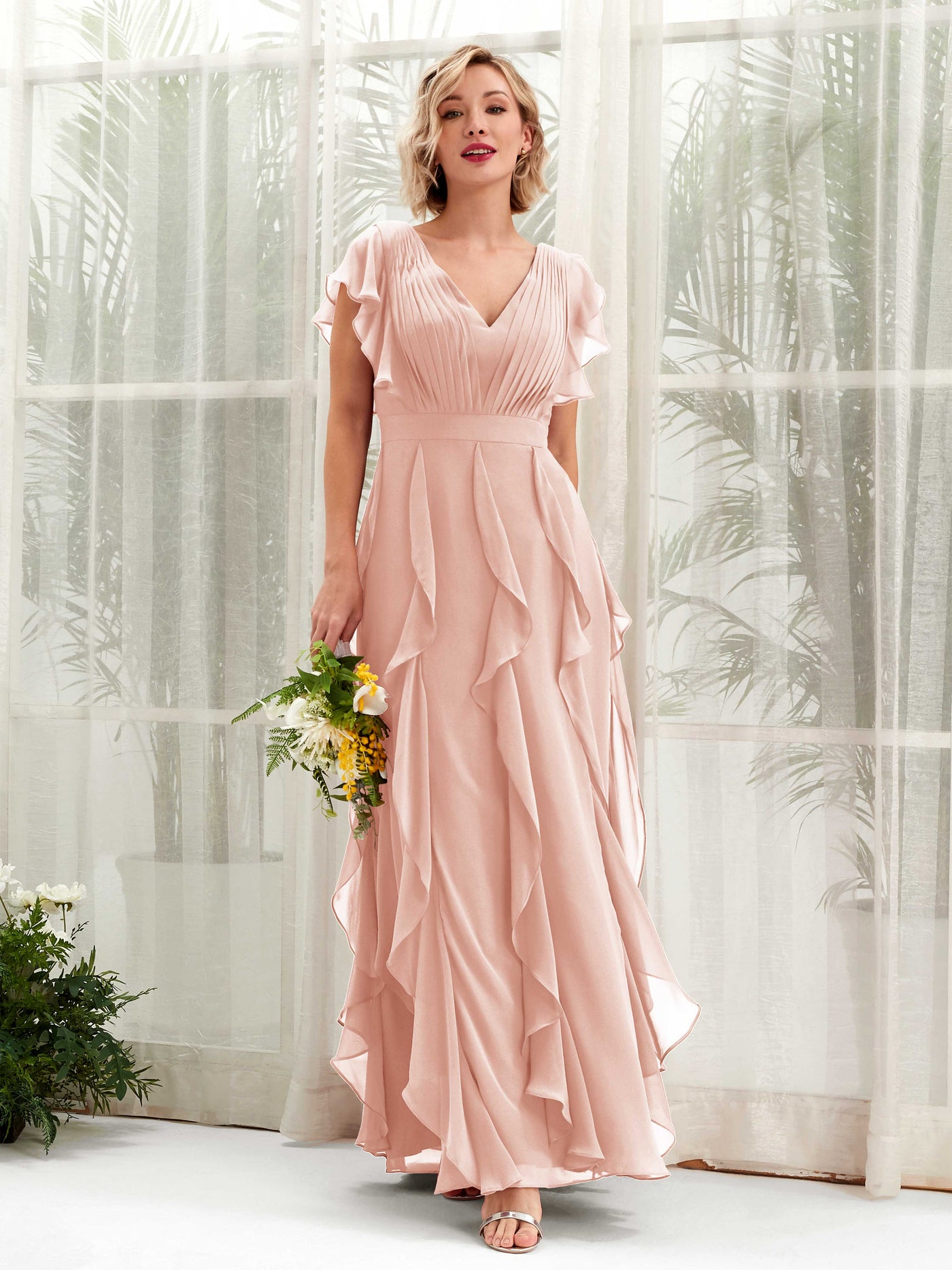 Carlyna Cynthia A-Line Pearl Pink Bridesmaid Dress Maxi Cap Sleeve V-Neck Dress #color_pearl-pink