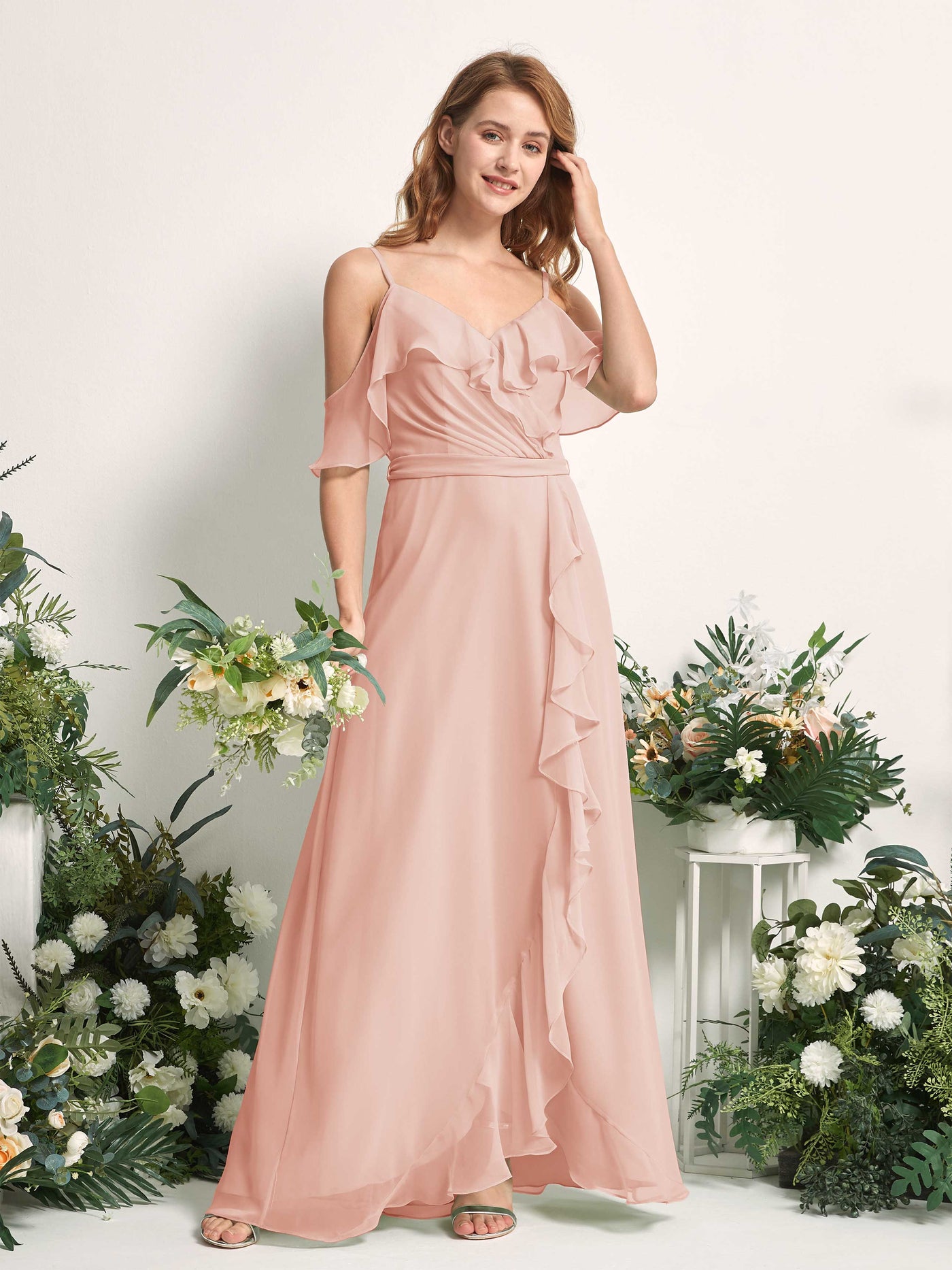 Carlyna Yvette A-Line Pearl Pink Bridesmaid Dress Maxi Sleeveless V-Neck Dress #color_pearl-pink