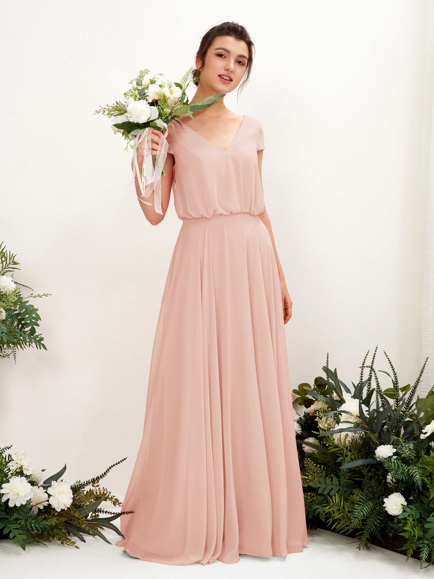 Carlyna Pauline A-Line Pearl Pink Bridesmaid Dress Maxi Cap Sleeve V-Neck Dress #color_pearl-pink