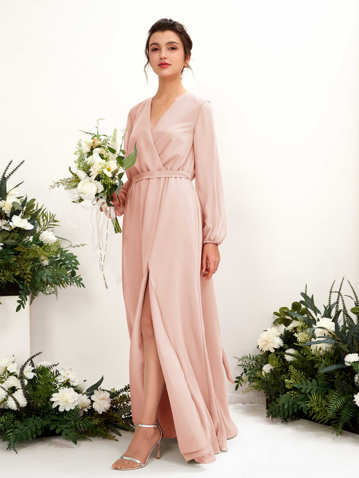 Carlyna Elsie A-Line Pearl Pink Bridesmaid Dress Maxi Long Sleeve V-Neck  