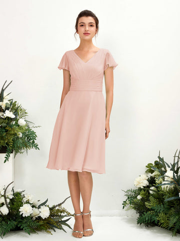Carlyna Betty A-Line Pearl Pink Bridesmaid Dress Knee-Length Short Sleeve V-Neck Dress #color_pearl-pink