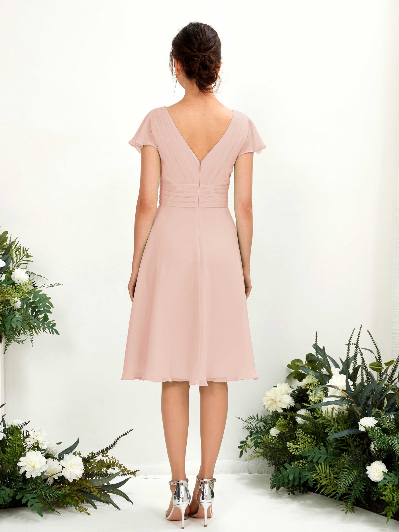 Carlyna Betty A-Line Pearl Pink Bridesmaid Dress Knee-Length Short Sleeve V-Neck Dress #color_pearl-pink