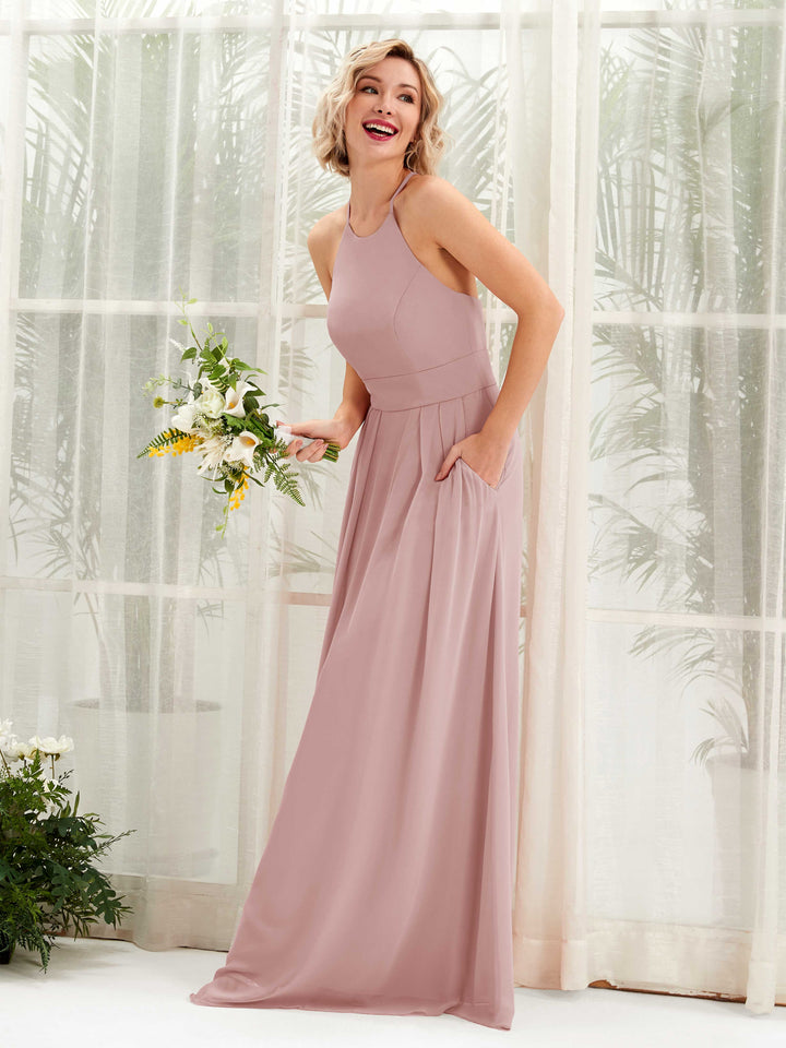 A-line Ball Gown Halter Spaghetti-straps Sleeveless Bridesmaid Dress - Dusty Rose (81225209)