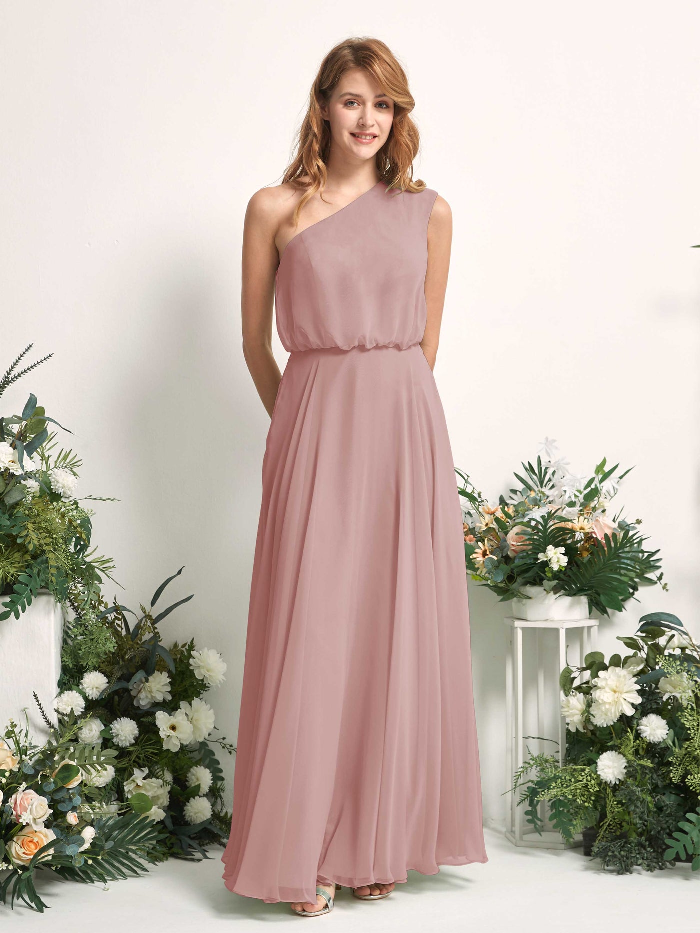 Bridesmaid Dress A-line Chiffon One Shoulder Full Length Sleeveless Wedding Party Dress - Dusty Rose (81226809)#color_dusty-rose