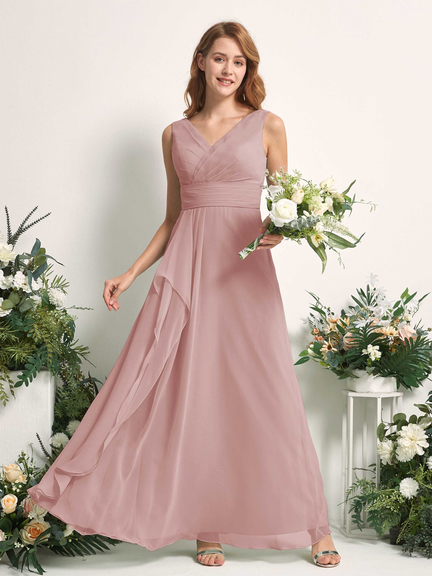 Carlyna Mollie A-Line Dusty Rose Bridesmaid Dress Maxi Sleeveless V-Neck Dress #color_dusty-rose